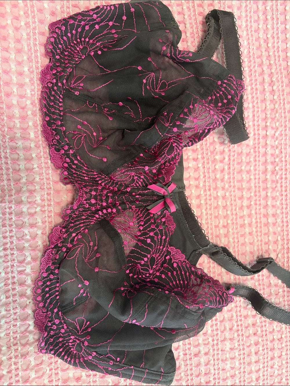 Sheer Black Bra with Fuchsia Embroidery